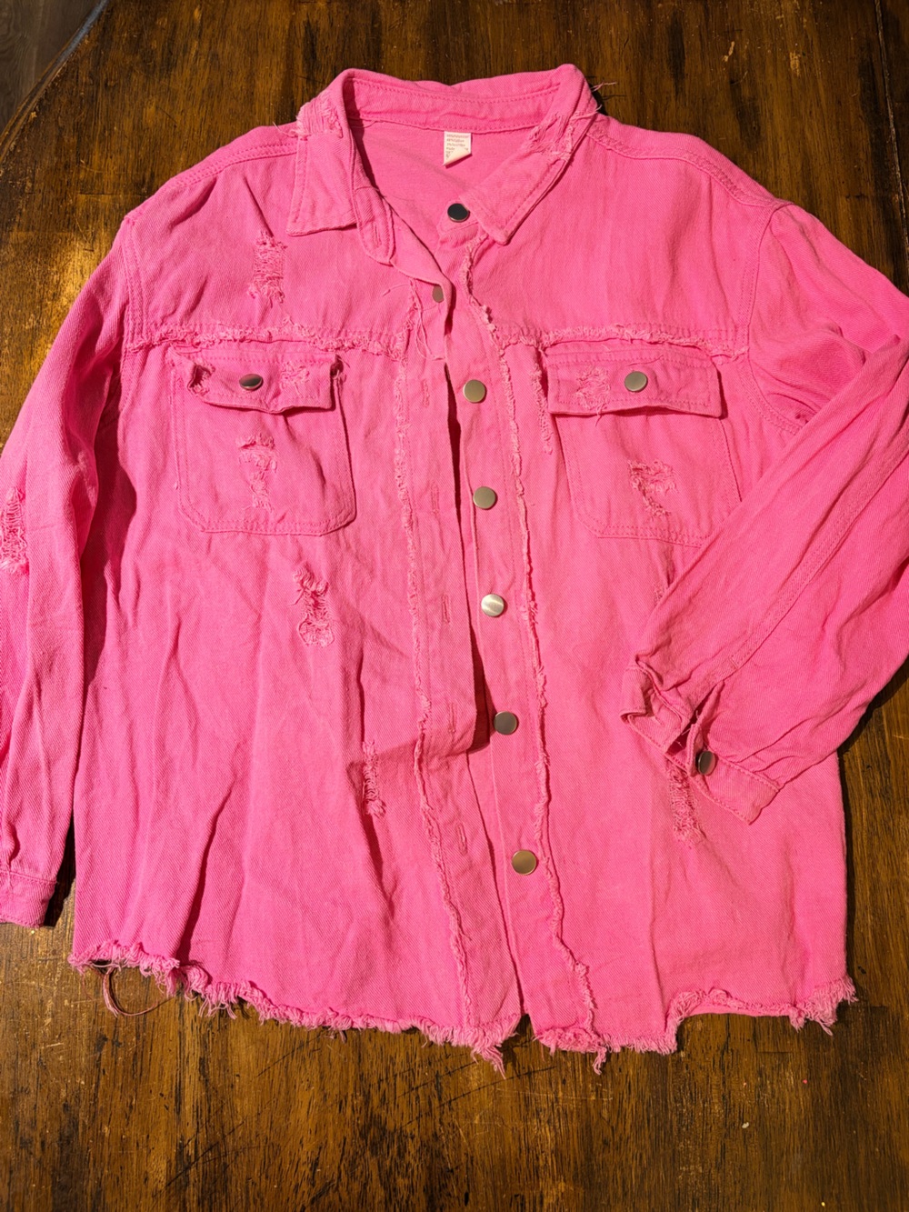 SHEIN Hot Pink Distressed Snap-Front Jean Jacket